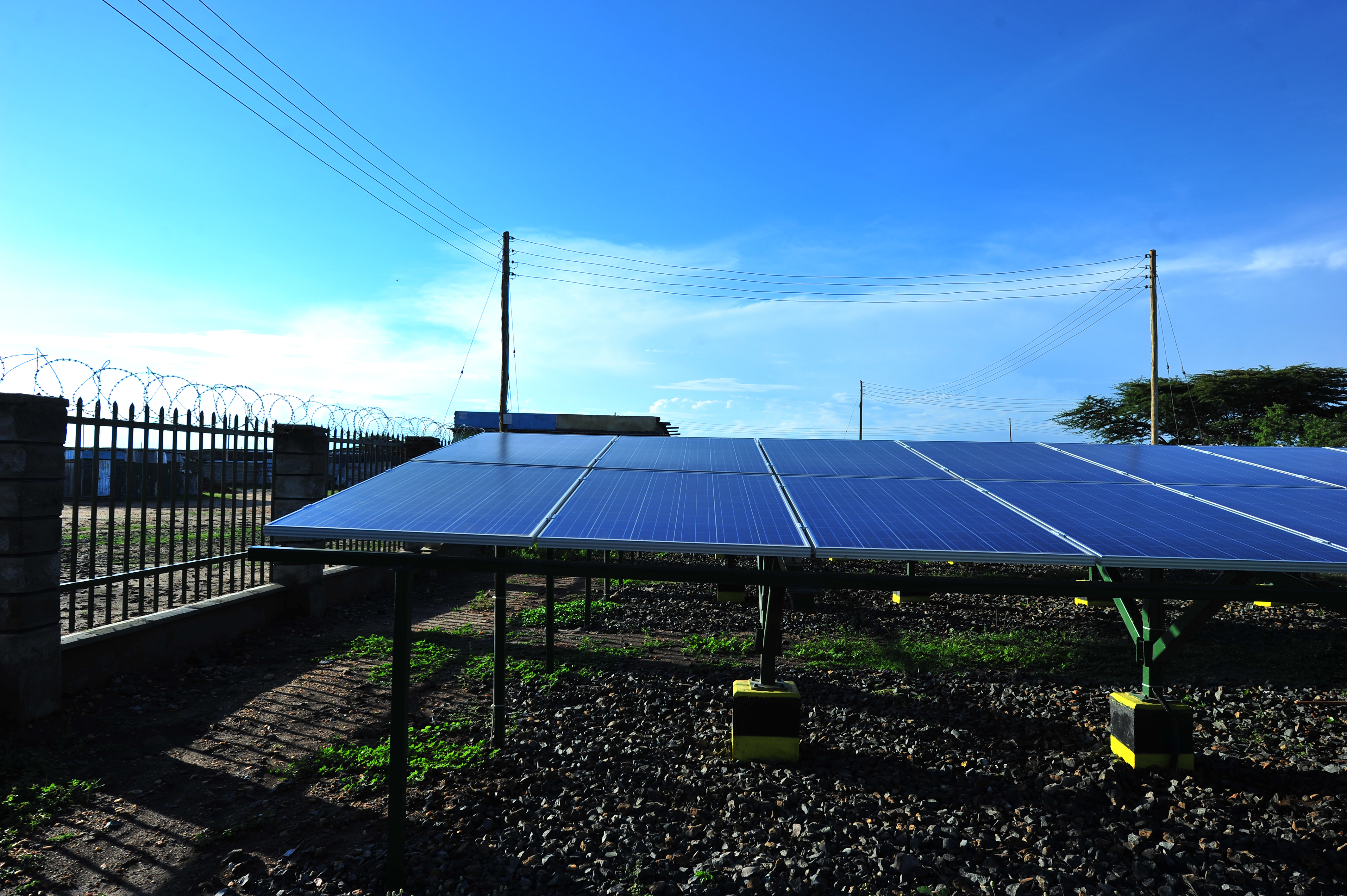 A view of solar panels and distribution lines at Talek Solar Power plant in Talek, Narok County. GIZ and other partners constructed  the power plant which will connect residents of Talek town to power for domestic and commercial use.